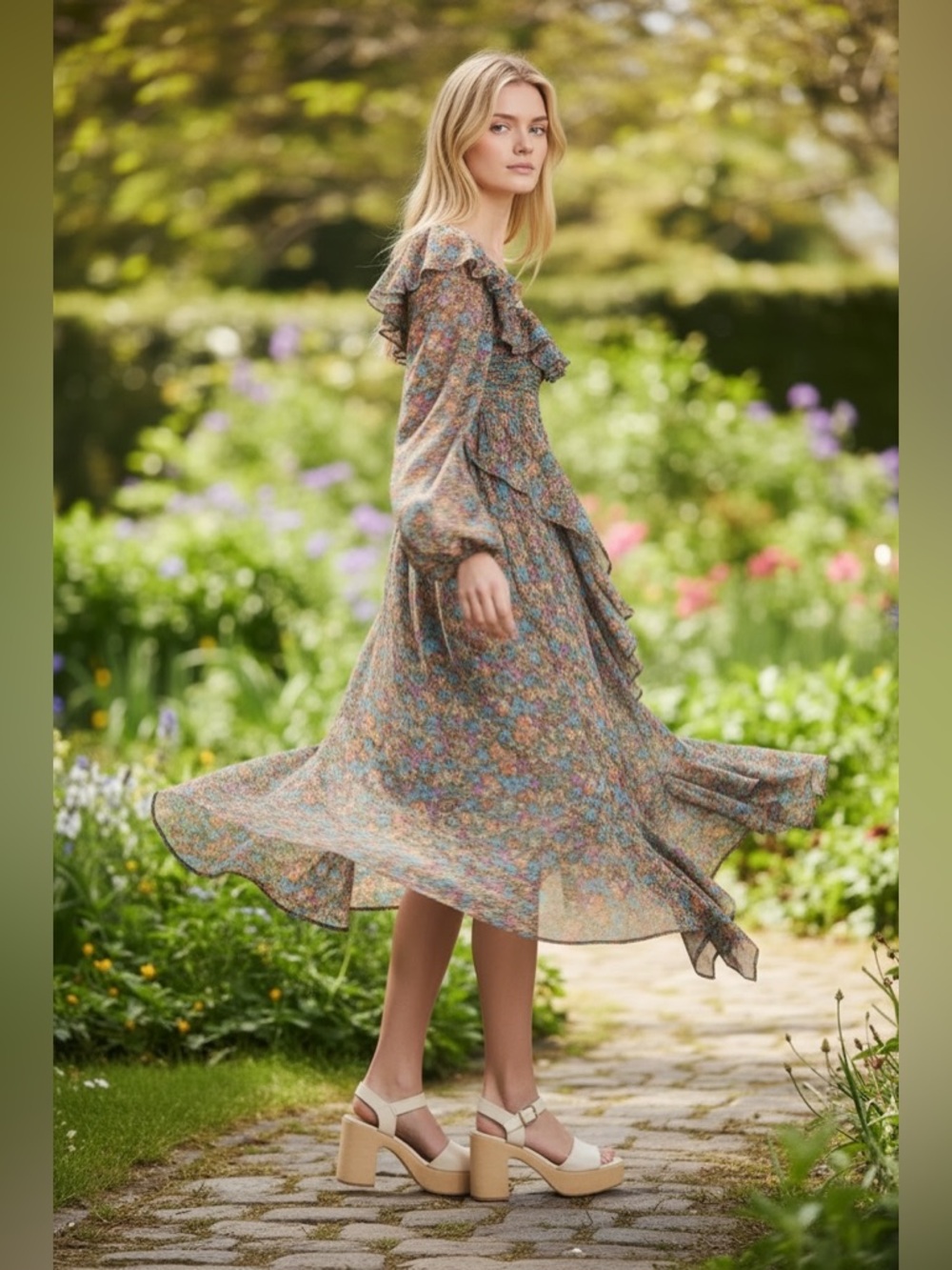 For Love And Lemons Floral Midi Dress in Blue and Pink Print
